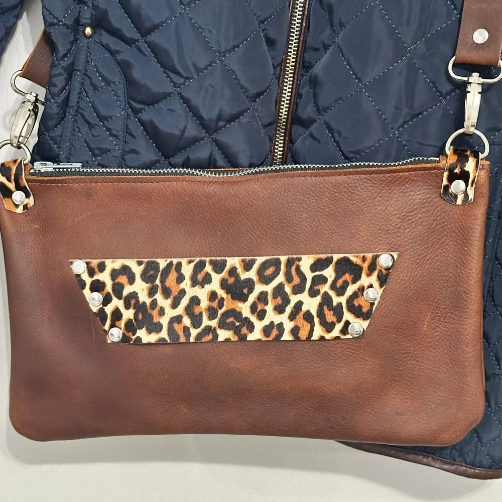 Raleigh Leather Brown Leather Crossbody Bag Leopard Pony Hair Hand Strap Artisan